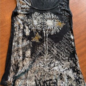 Teenie Weenie Black Floral Rhinestone Tank with Gold Accents